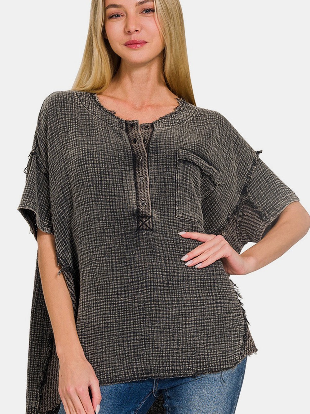 Zenana Washed Black Short-Sleeve Henley Top for Women